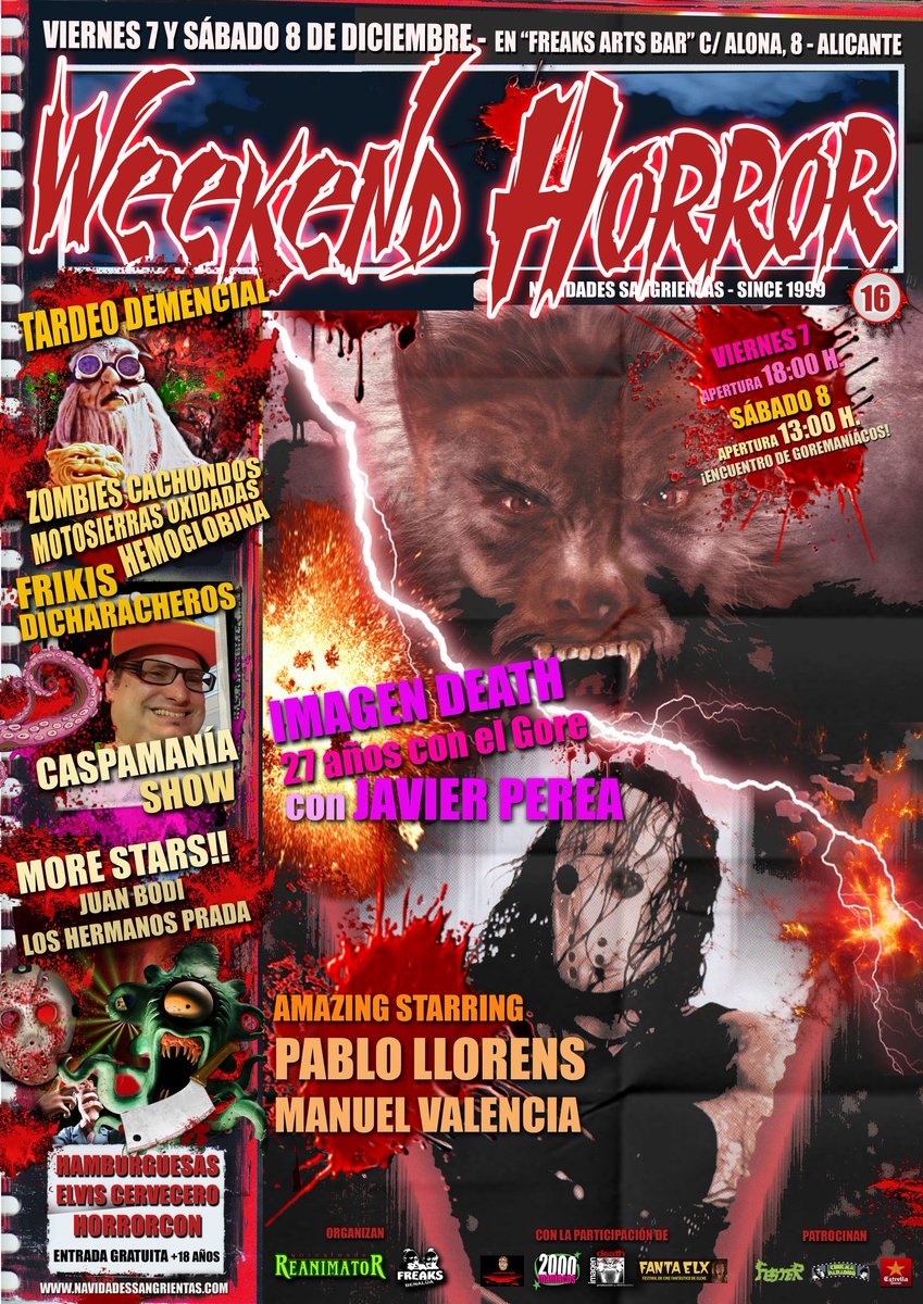 Aureli_DelPozo's tweet photo. El 7 y 8 de diciembre tenéis una cita con el mejor cine demencial en el WEEKEND HORROR de Alicante! Y el Sábado 8 a las 19.30h CASPAMANÍA SHOW con un servidor dándolo todo! Nos vemos por allí, peña!!! 🎬🎬🎬🤗🤗🤗 @DeboGallen 😍 #weekendhorror #navidadessangrientas #Alicante https://t.co/d6z8qFnxPB