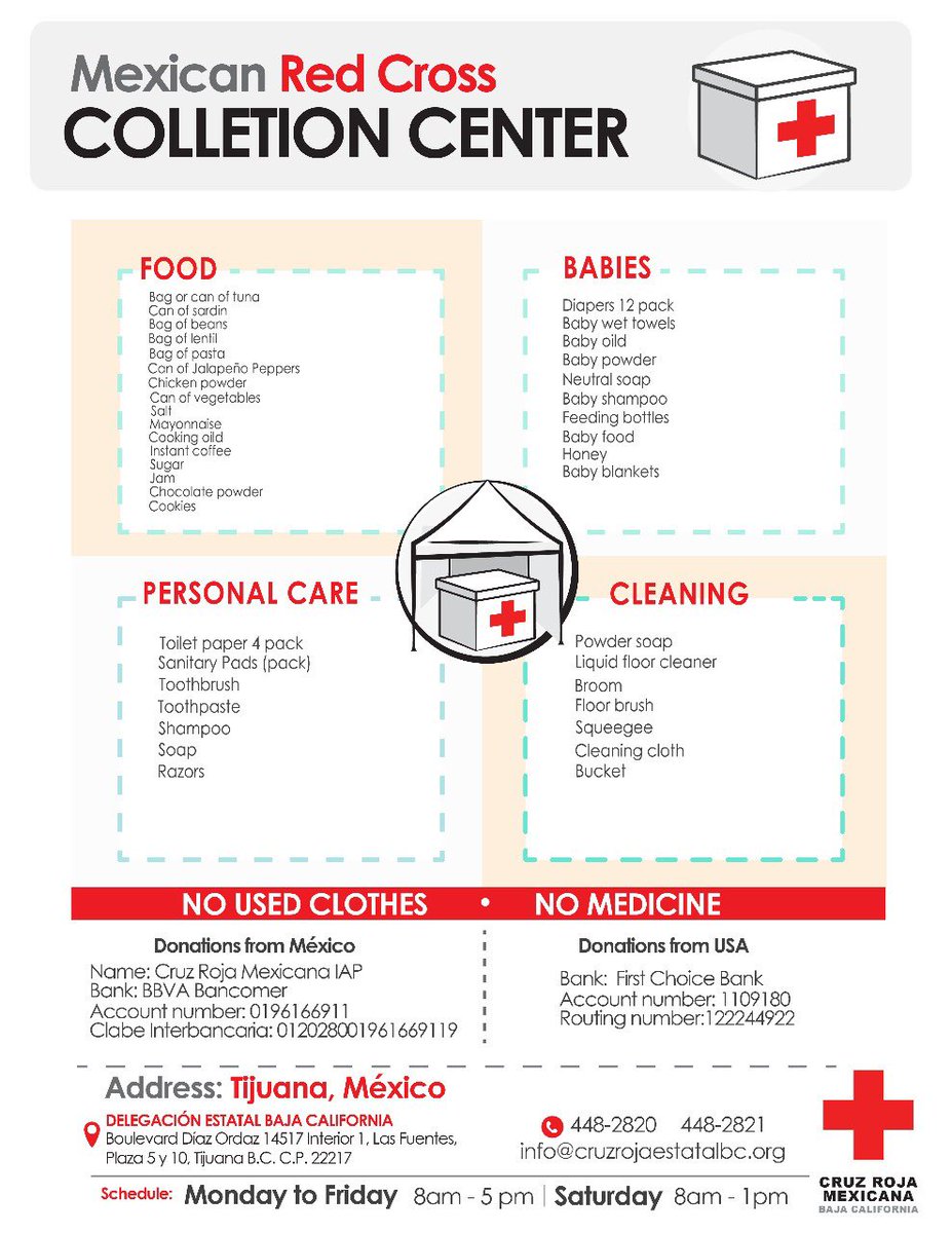 XBorderAmb's tweet photo. 🚨Important Announcement: find out what supplies are needed, how to make donations in 💵 and the location of the @RedCross #CollectionCenters in Tijuana @CruzRojaTijuana #MigrantCaravan https://t.co/w4I0KUhZ7c