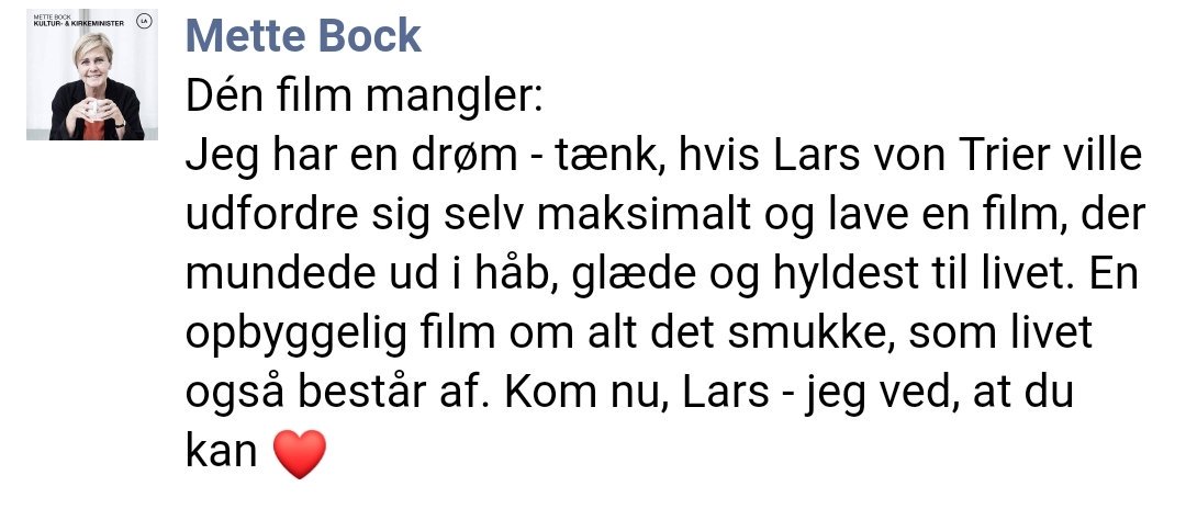 LeKasper's tweet photo. Dén politik mangler:
Jeg har en drøm - tænk, hvis Mette Bock ville udfordre sig selv maksimalt og lave noget politik, der mundede ud i håb, glæde og hyldest til livet. En opbyggelig politik om alt det smukke, som live består af. Kom nu Mette jeg ved du...ligemeget♥️#dkpol https://t.co/oFiydnJzY5