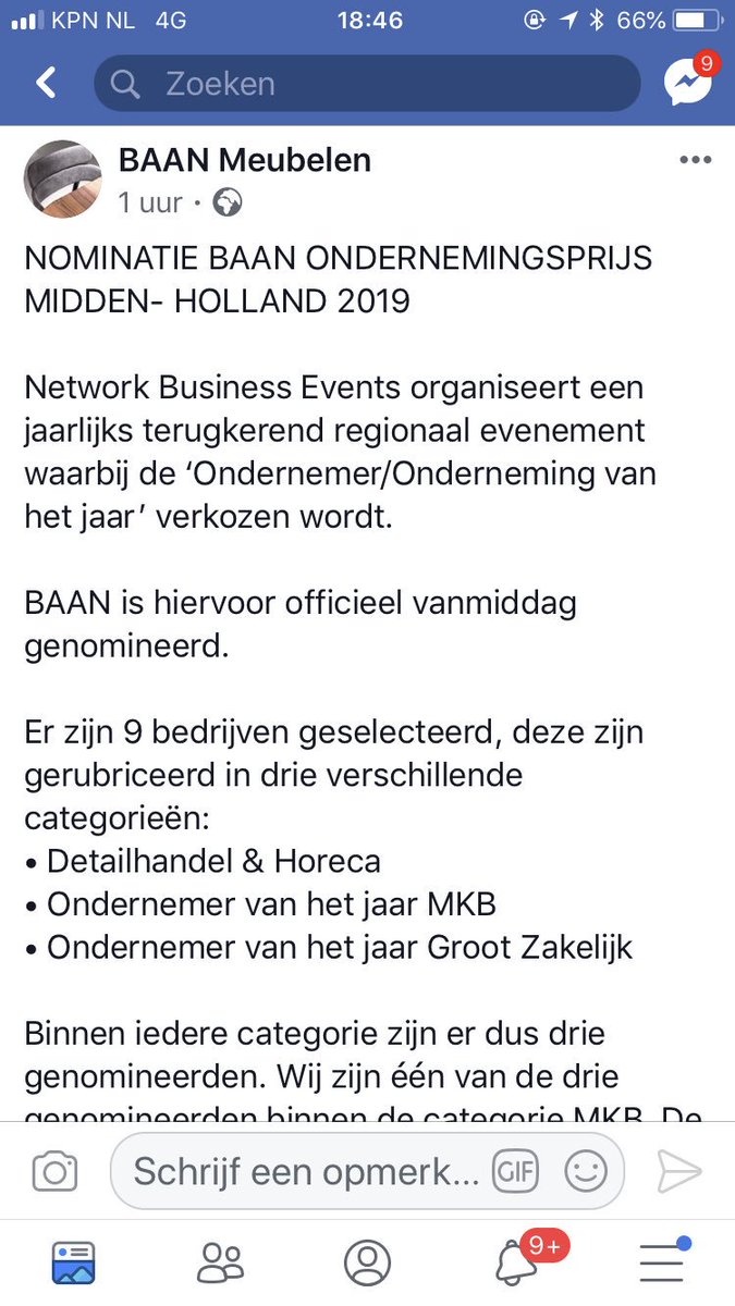 #BAAN vandaag genomineerd voor de ondernemingsprijs MKB 2019 regio Midden Holland