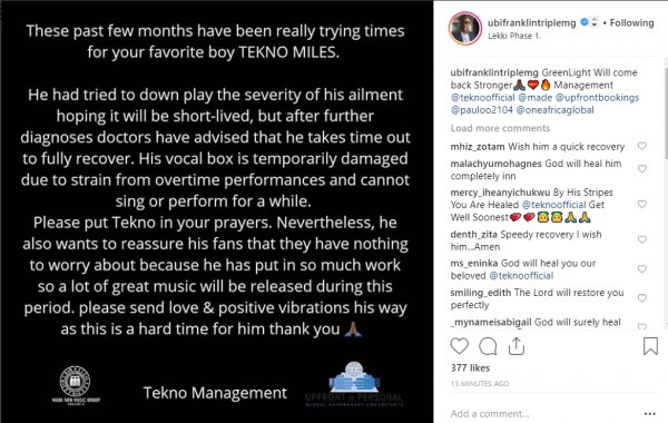 4EvaNiki's tweet photo. Tekno’s voice box is temporarily damaged, can’t sing or perform – Ubi Franklin https://t.co/9bUptqj1SB @Afrobeat9ja https://t.co/54Dqs7qu6Y