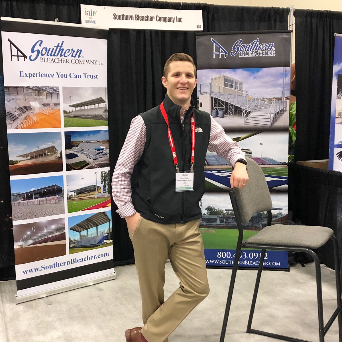 So_Bleacher's tweet photo. SOBCO Salesman, Reece Rogers, is working the International Association of Fairs & Expositions ( @IAFE ) Convention today! Come by booth 336 and say ๐๐ฝ #bleacherbuilders https://t.co/7oG9C34ovy