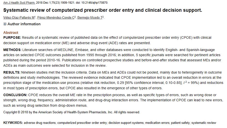 Systematic review of computerized prescriber order entry and clinical decision support. ncbi.nlm.nih.gov/pubmed/30463867
