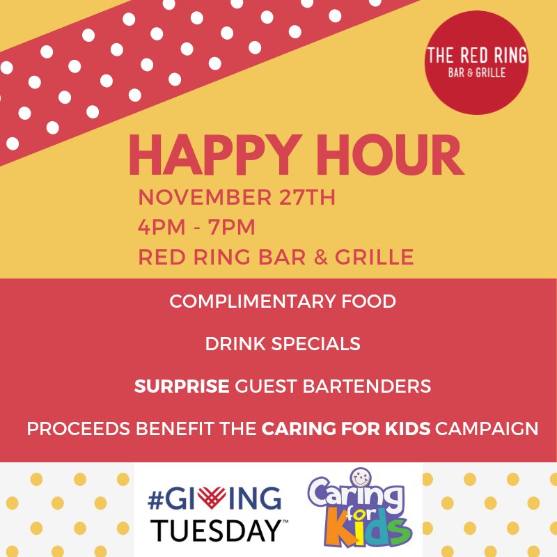 TheRed_Ring's tweet photo. Tomorrow is the day! 

Come to Red Ring for our "Giving Tuesday" Happy Hour! Proceeds benefit the Caring for Kids Campaign. ❤️ https://t.co/I1X9eAdM2I