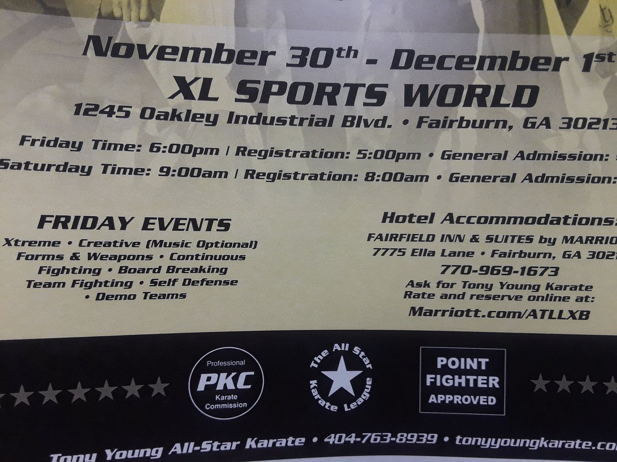 cpr2aed's tweet photo. Come Get Some #endofseason
2018 Year End Nationals
Nov 30th 6pm Gen admit $7
Dec 1st 9a Gen admit $10
1st Division $50 ea addtl $10
770.969.1673
@atlantamaa #atlantamaa
#karate #sparring #taekwondo #xtreme #boardbreaking #teamfighters #pointfighter #continuousfighting #teamatl https://t.co/Z1ioxAitw2