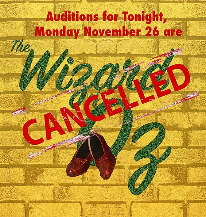 vicksburgcomsch's tweet photo. Wizard of Oz Auditions CANCELLED for tonight Monday, 11/26, due to hazardous road conditions. Please visit the Vicksburg Theater Facebook page for more information on rescheduled audition dates and times. https://t.co/wZ2oVxzEKD