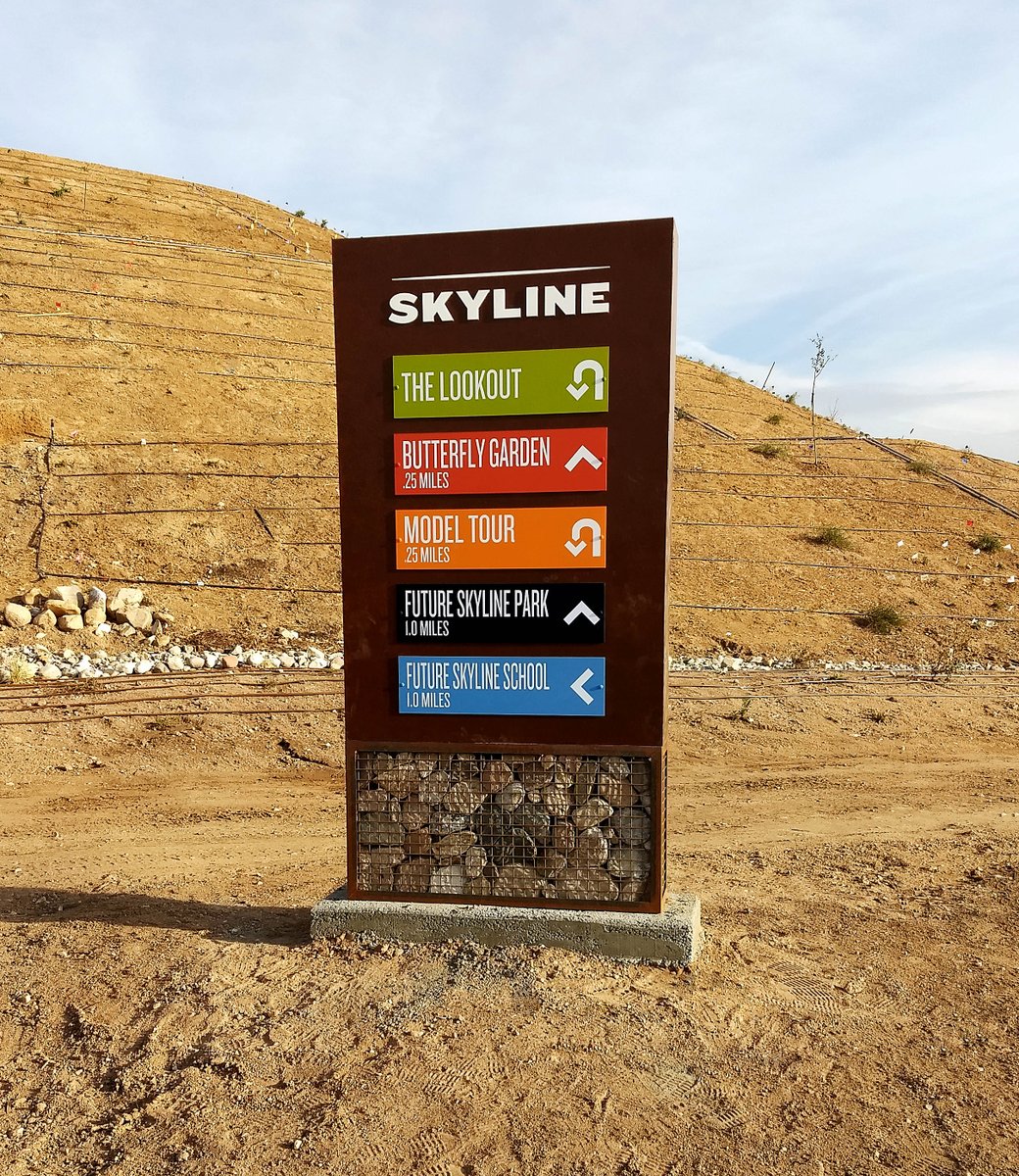 OutdoorDimsigns's tweet photo. The neighborhood kiosk program at Skyline for @PardeeHomes are aluminum cans with a natural rust faux finish structures mounted on gabion mesh baskets and are such striking signs! Loving the pops of color. π¨#ODteamwork https://t.co/qmoKUmPGEI