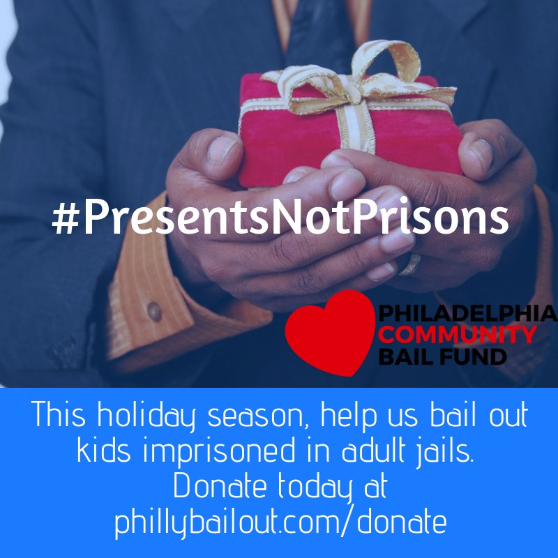 Phillybailout's tweet photo. We believe that children deserve #PresentsNotPrisons. Will you help us free a child held on high bail in an adult prison? Every dollar you donate will get us closer to reuniting a child with their family while they wait for court. Give today at https://t.co/uateAwvJae https://t.co/xVq0LhxJ95