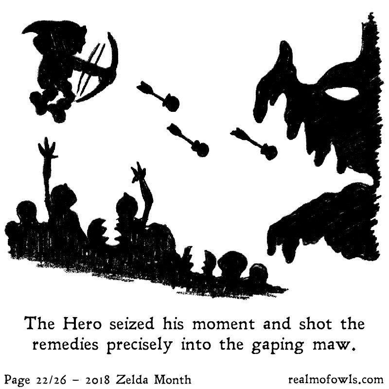 OwlBasketTeam's tweet image. The Hero seized his moment and shot the remedies precisely into the gaping maw.

Find the #weakspot, use the specific item on it, dodge counter attacks and repeat.

#Zeldamonth 2018 – The Legend of Zelda fan comic with owls
Page 22/26
