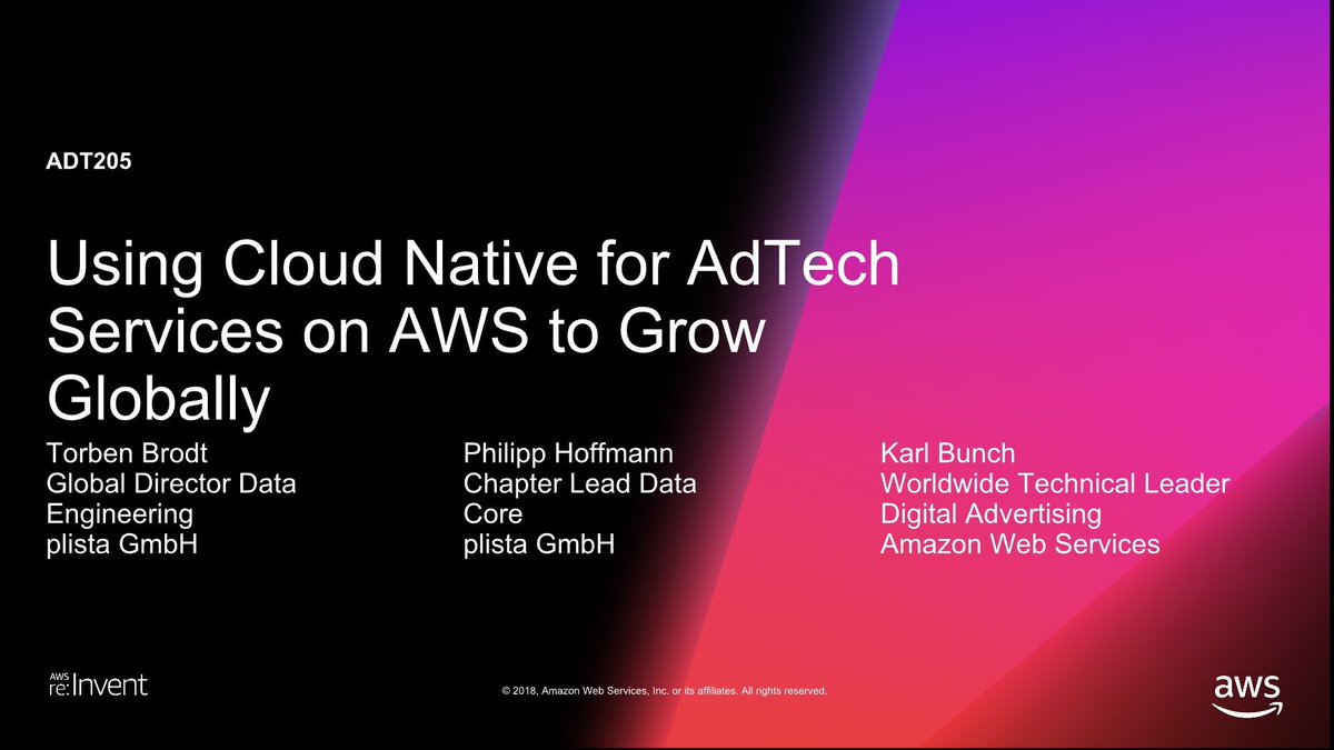 torbenbrodt's tweet photo. Adtech is interesting because of bigdata, low-latency &amp; machine learning.

@plista launched a multi-region #adtech setup in the cloud. @phil_hoffmann and me are sharing our experience during our session at Wednesday #AWSreInvent2018 https://t.co/3fPAbjt14q
