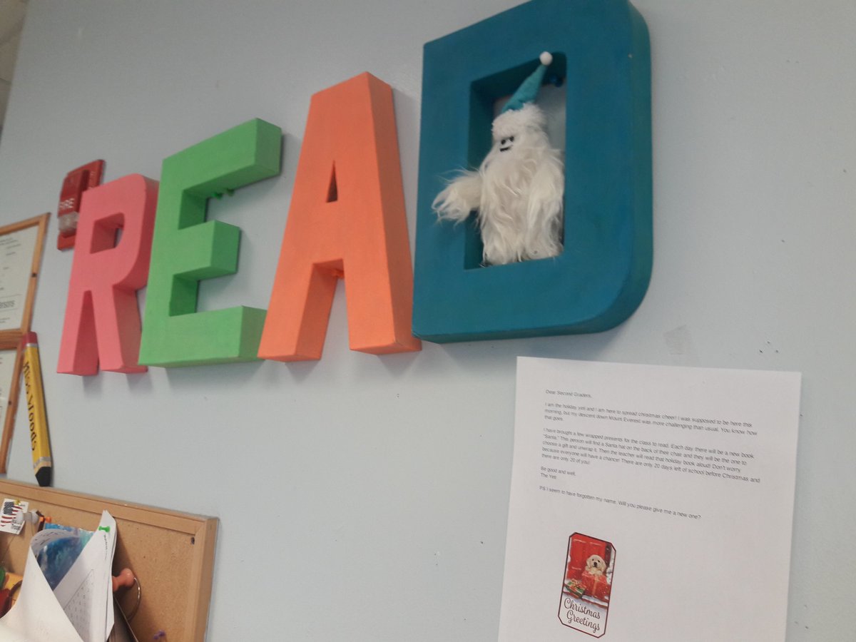 RBCSWoods's tweet photo. Mr. Yeti is here to spread holiday cheer! He brought wrapped read alouds to help count down to Christmas. Each child will get to unwrap a holiday story. Today's pick was a favorite :) @rbcsnj #rbcs20yearsStrong https://t.co/B9Eq9BP5pV