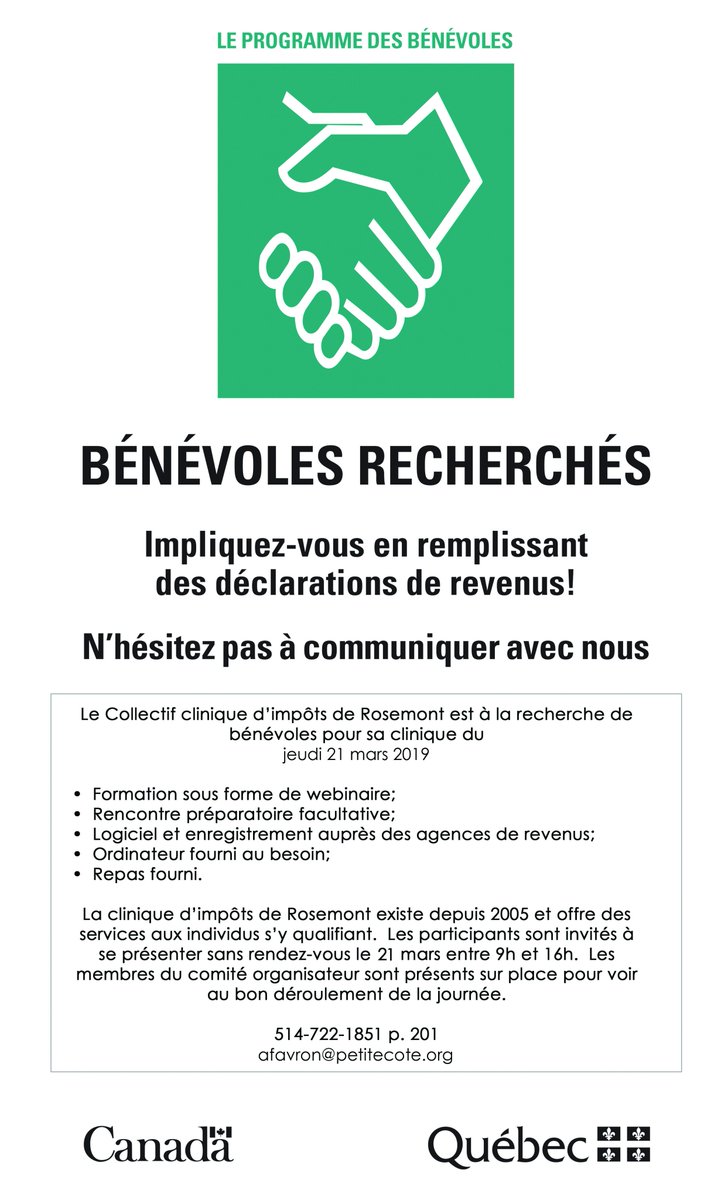 CDCdeRosemont's tweet photo. Recherche de bénévoles apte à remplir des déclarations de revenus très simples à l’aide d’un logiciel pour la Clinique d'impôts de Rosemont qui aura lieu le 21 mars 2019. Contactez-nous : afavron@petitecote.org https://t.co/YFCVwSdk3R