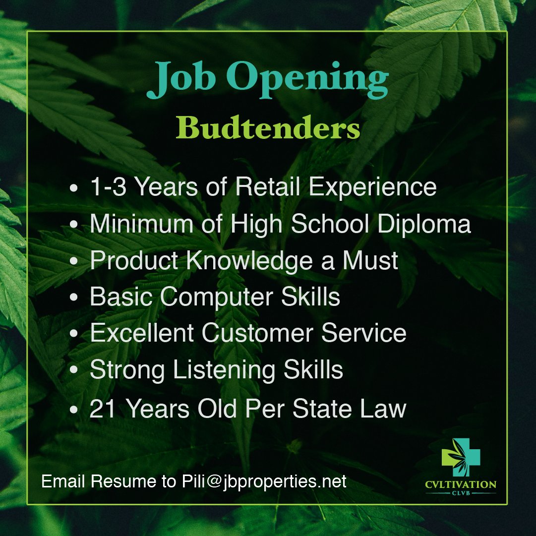 CvltivationC's tweet photo. We are hiring! Do you wanna join our awesome team?
. . .
#Budtender #Dispensary #MMJ #MedicalMarijuana #CannabisLifestyle #CannabisCommunity #THC #CBD #Sativa #Indica #DispensaryJob #CvltivationClvb #TheClvb https://t.co/N6kR586nur