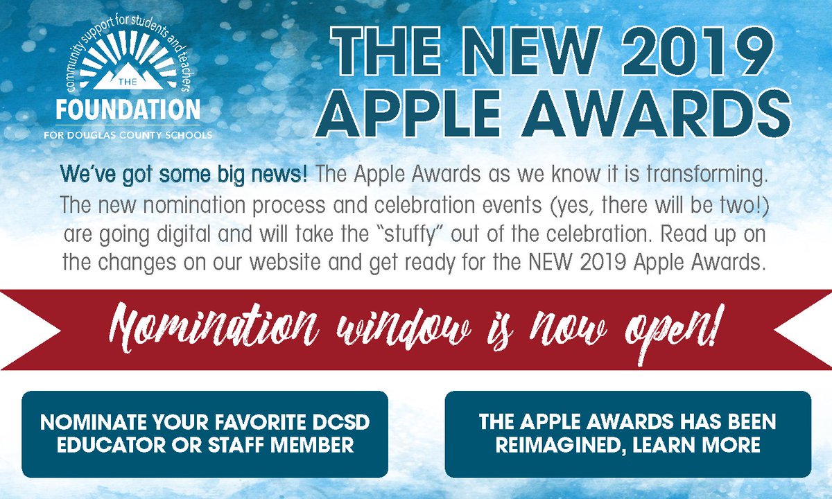 dcsdk12's tweet photo. Nominations for the 2019 Apple Awards are now open! Please see The Foundation for Douglas County Schools' website to nominate an exceptional DCSD teacher or staff member, and to see the changes this year! The nomination window closes January 11, 2019.
https://t.co/Sd6vz5kNXh https://t.co/BNATvfHCXM