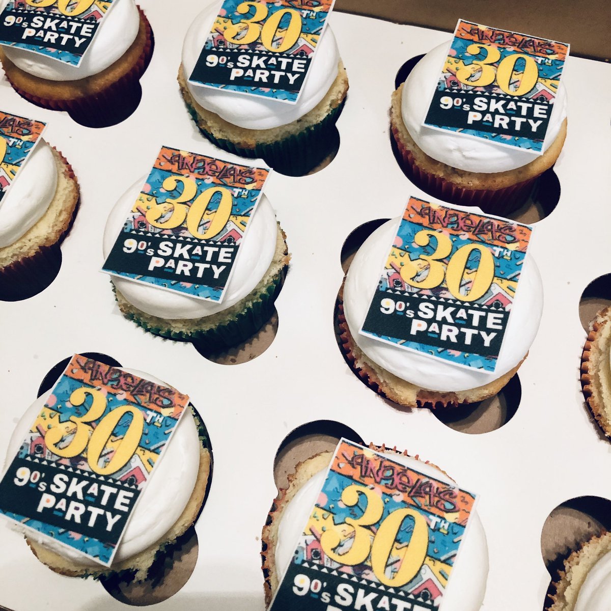 Issa 90’s Theme!!!! Edible images to coordinate with the signage for <a href="/Ms_WaldoFaldo/">Waldo</a>’s  surprise 30th🥳🧁 #alledible #dmvfoodie #cupcakes #cupcakesofinstagram #vanilla #birthday #skateparty #suprise #smallbusiness #edibleimages #happybirthday
