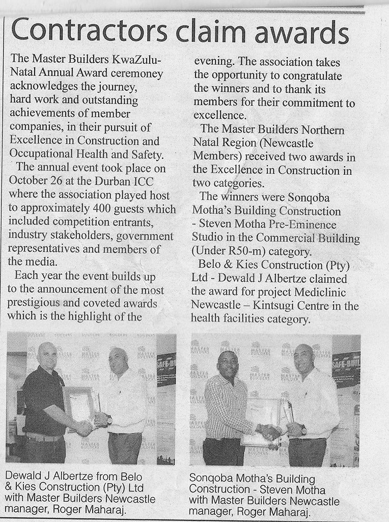 RamgoolamGroup's tweet photo. Congratulations to Sonqoba Motha’s Building Construction for winning the MBSA Award (Best Commercial Building under R 50 Millon). Your contribution to the development of Pre-Eminence Studio was invaluable. https://t.co/qShbXCKLrE