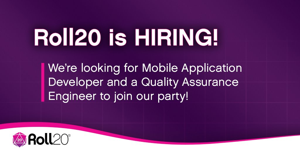 Hey! You! Join our team!
We're looking for a Mobile App Developer and a QA Engineer... it could be you!
Check out our blog here for more details and how to apply: blog.roll20.net/post/180526072…