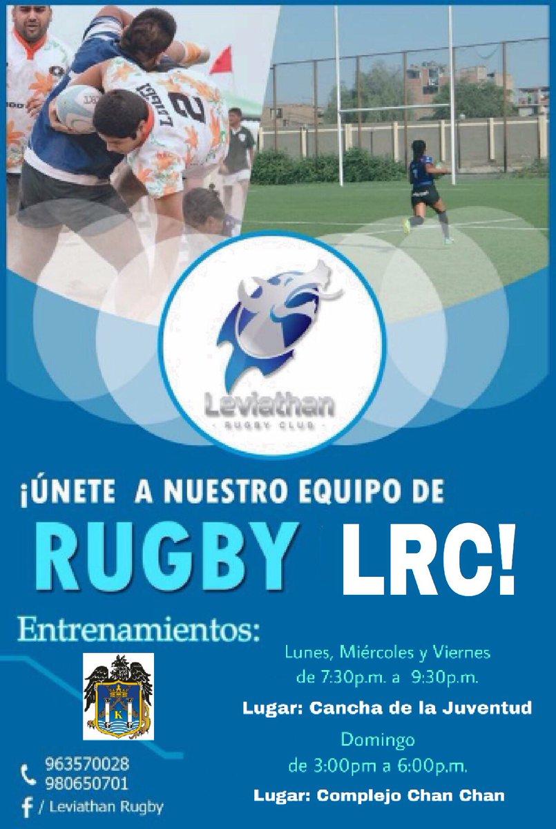 LeviathanRugby's tweet photo. ¡ RETOMAMOS ! 

Horarios para masculino mayores 👱🏻‍♂️/ menores 👦🏻 y femenino 👩🏽; siendo:

Lunes, Miércoles y Viernes de 7:30p.m. a 9:30p.m. 🌙
📌 Lugar: Casa de la Juventud 

Domingo de 3:00p.m a 6:00p.m.

📌 Lugar: Complejo Chan Chan 
 ¡ Somos #Leviathan ! 🐲🏉💪🏽. https://t.co/qGyo6LPdSF