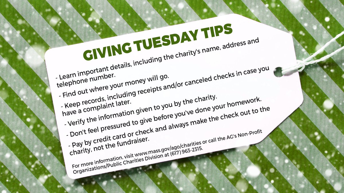 With #GivingTuesday and the holiday season upon us, many worthy and reputable charities will be seeking your financial support. It's critical that you do your research and make informed decisions before donating. 

To learn more, please visit: mass.gov/service-detail…