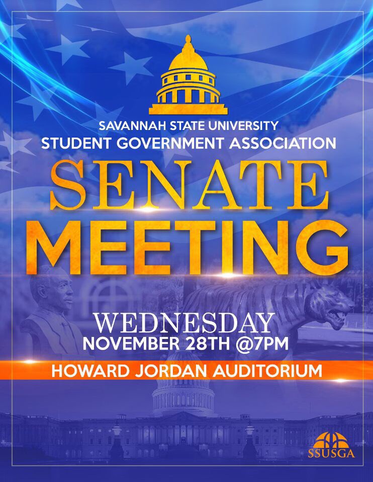 Ssu2021's tweet photo. The Student Government Association Legislative Branch Presents Senate Meeting. November 28th @ 7:00PM in Howard Jordan Auditorium.  We have a lot in store and we will be addressing upcoming events and updates. You do not want to miss out. 
#BeInformed
#ONESGA
#WeAreRising https://t.co/AnOasUcfwH
