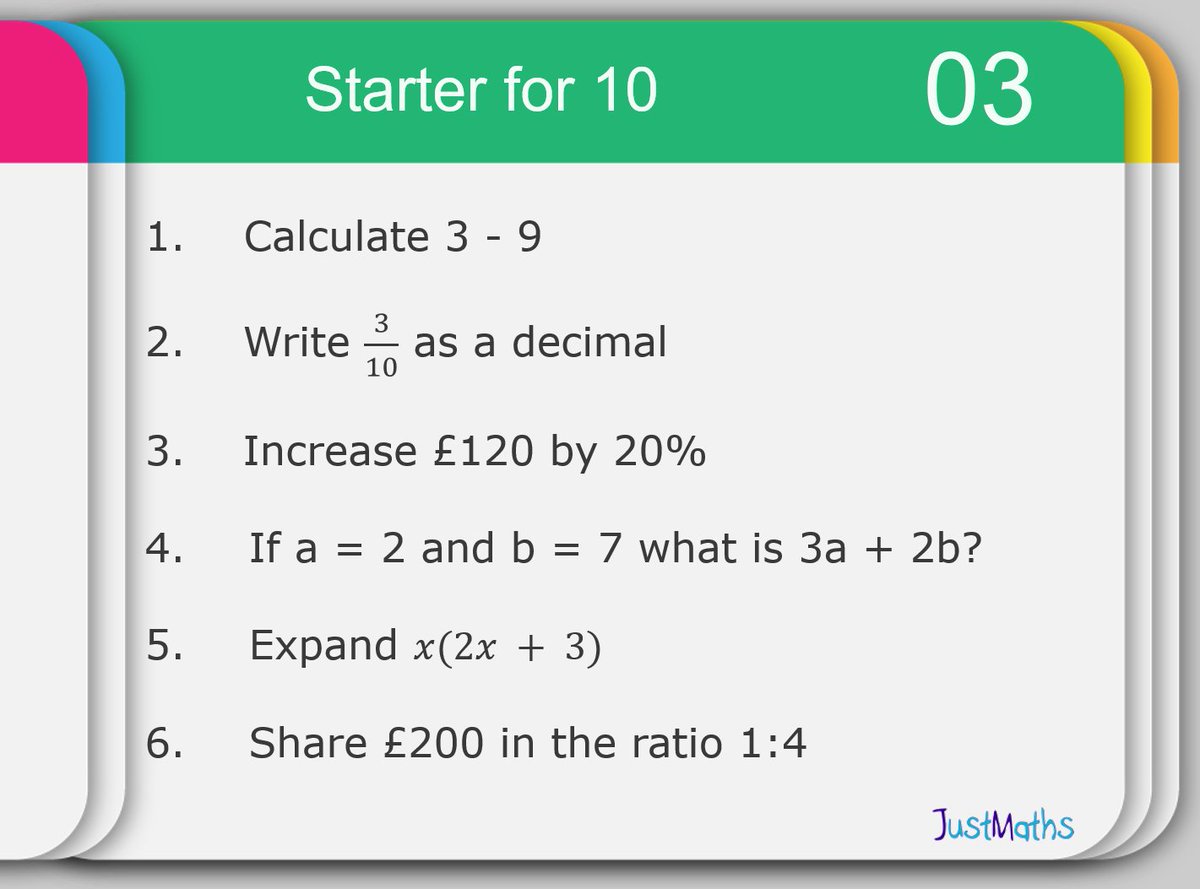 NEW: Starter for 10 (#3)… daily starter questions of similar topics repeated every 5 days for 10 weeks with a focus on those 1 mark questions at the start of the exams!! … #alittleeveryday #mathschat