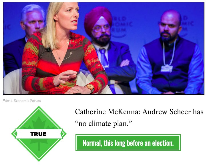 FactsCan's tweet photo. We rate @cathmckenna's claim true: @AndrewScheer does not have a (public) climate plan. The big caveat though is that it's normal not to have a plan this far in advance of an election. 

Full story: https://t.co/5unTwZFQHw https://t.co/gHSFfpVDUn