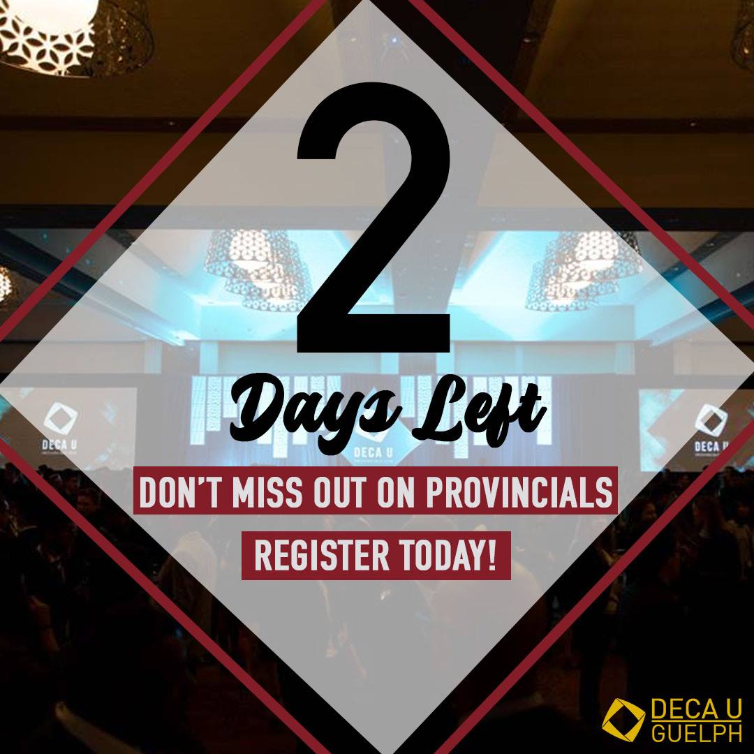 DECAUGUELPH's tweet photo. ONLY TWO DAYS LEFT! Be sure to sign up for DECA’s Provincials Case Competition before it’s too late!

Link to sign up for provincials: https://t.co/gmoJCmPPbI

#UofG #UofGBusiness #DECAUGuelph https://t.co/x4ghSoM1aQ