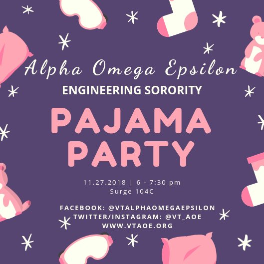 VT_AOE's tweet photo. Come out to our final recruitment event of the semester tomorrow by wearing your coziest winter PJs or sweater and meet our sisters in Surge 104C at 6pm ❄️ https://t.co/6O8qSXBdBc
