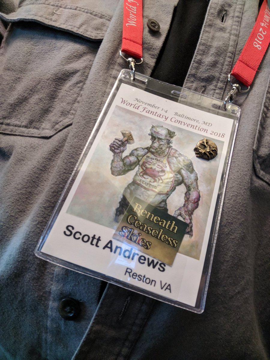 My World Fantasy Award finalist pin, of the NEW trophy, facilitated by <a href="/WFC_Baltimore/">WFC2018  |  Use #WFC44!</a> #wfc44. Thank you!! A pin I can be proud to wear, b/c it's a design our whole field can be proud of.