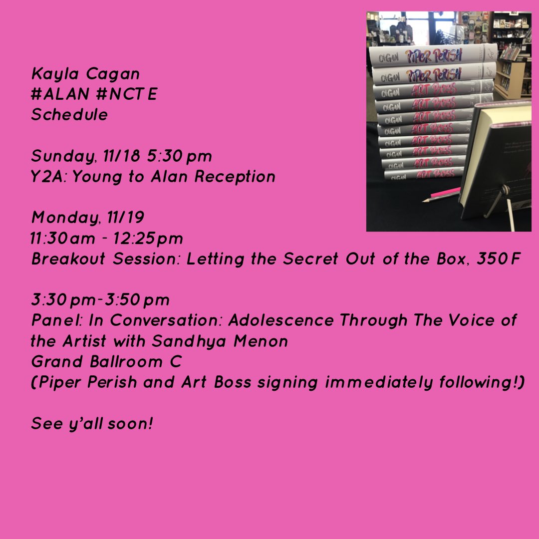 KaylaCagan's tweet photo. Hey #NCTE &amp; #ALAN, I'm excited about meeting up with y'all on Sunday and Monday in Houston and talking all things books! #YALit #ArtBoss #PiperPerish #ChronicleBooks https://t.co/XfcadIyn6W
