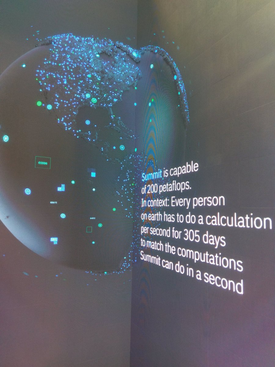 gabor_samu's tweet photo. Have you been by the #IBM booth at #SC18 yet?  Tomorrow is your last chance to see the stunning Summit video wall at booth #3433.  Mesmerizing visuals and awesome facts on the #1 Supercomputer #POWER9 #OpenPOWER #IBMSC18 https://t.co/580ofi6Mpe