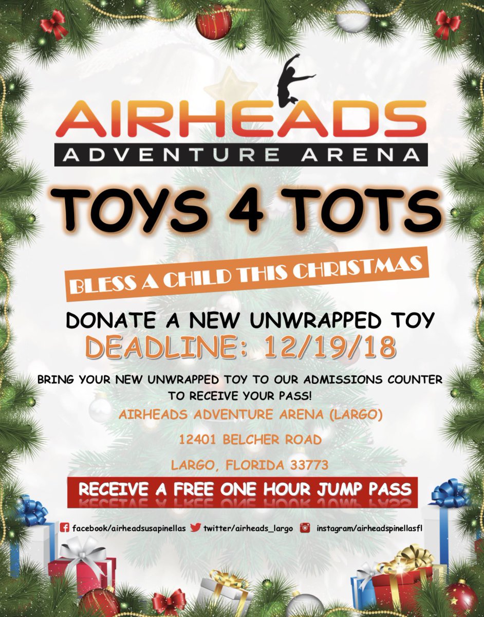 Airheads_Largo's tweet photo. It’s that time of year! Bless a child this Christmas! Come donate a new unwrapped toy and receive a free one hour jump pass for your next visit! #toysfortots #christmas2018 #blessachild #toys4tots https://t.co/qV6MYORBEJ