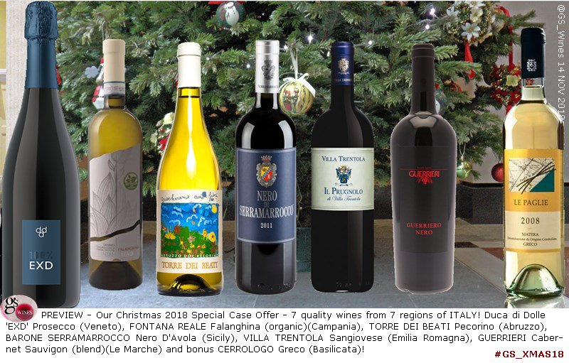 PREVIEW Our #Christmas 2018 Special Offer-6+1 #quality #Italian #wines from 7 regions of #Italy: #VENETO #Prosecco #CAMPANIA #Falanghina #ABRUZZO #Pecorino #SICILY #Nero D'Avola #EMILIA #ROMAGNA #Sangiovese LE #MARCHE #Cabernet #Savignon blend +bonus #BASILICATA #Greco #GS_XMAS18