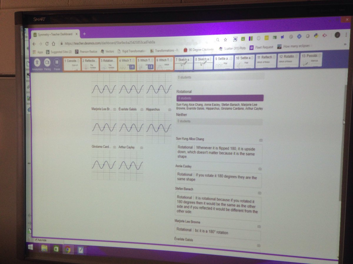 Exploring reflectional and rotational symmetry with <a href="/desmos/">Desmos</a> activity by @von_Oy in Geometry today. Good conversation between students in groups. Looking forward to hear more tomorrow.
