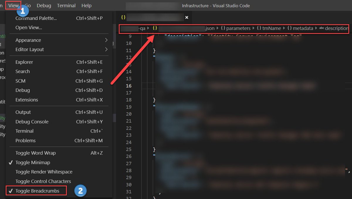 reidthestars's tweet photo. Here is another #ARMTip!  When using @code turn on Toggle Breadcrumbs and it will help you to quickly find parameters, variables, and resources in large templates! https://t.co/FArZSCsZnp