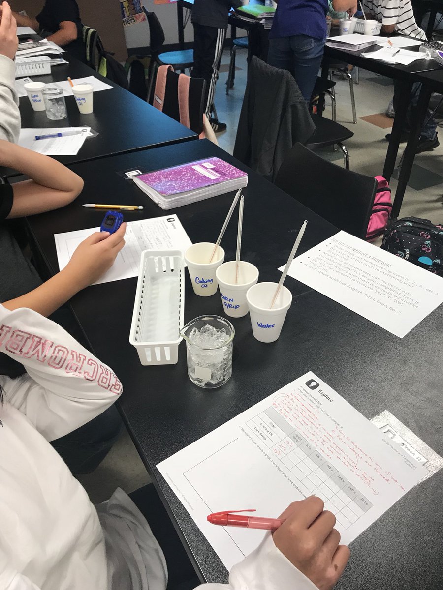 SmilingProton's tweet photo. Will different liquids lose their heat heat at the same rate if we put ice cubes in them? Students figured out their variables and wrote their own procedures! #NGSS #TeamFCUSD #scienceteacher https://t.co/R96IhLZdPE