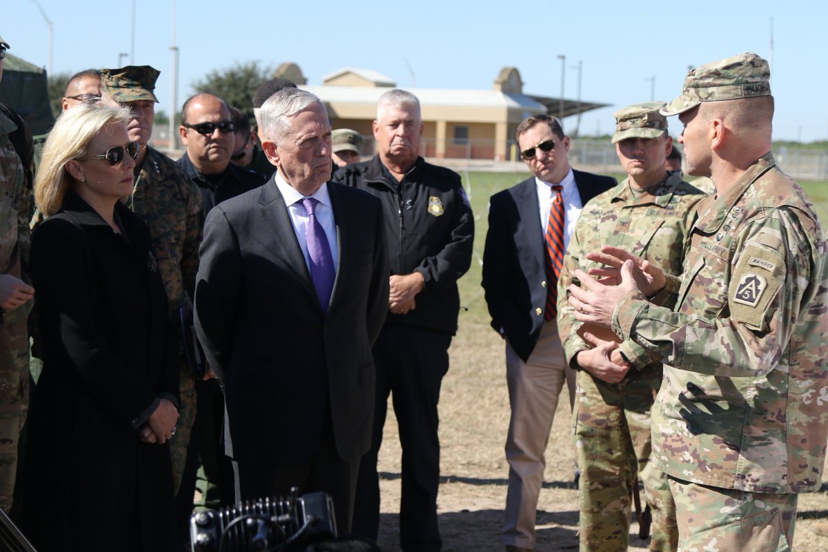 USNorthernCmd's tweet photo. #SECDEF Mattis and #DHS Secretary Nielsen toured Base Camp Donna, TX today w/our commander &amp; the commander of @USArmyNorth. The secretaries received briefings from military and #CBP members, and they met w/troops currently supporting CBP at the southwest border. #bordersupport https://t.co/fj6rPN3UCy