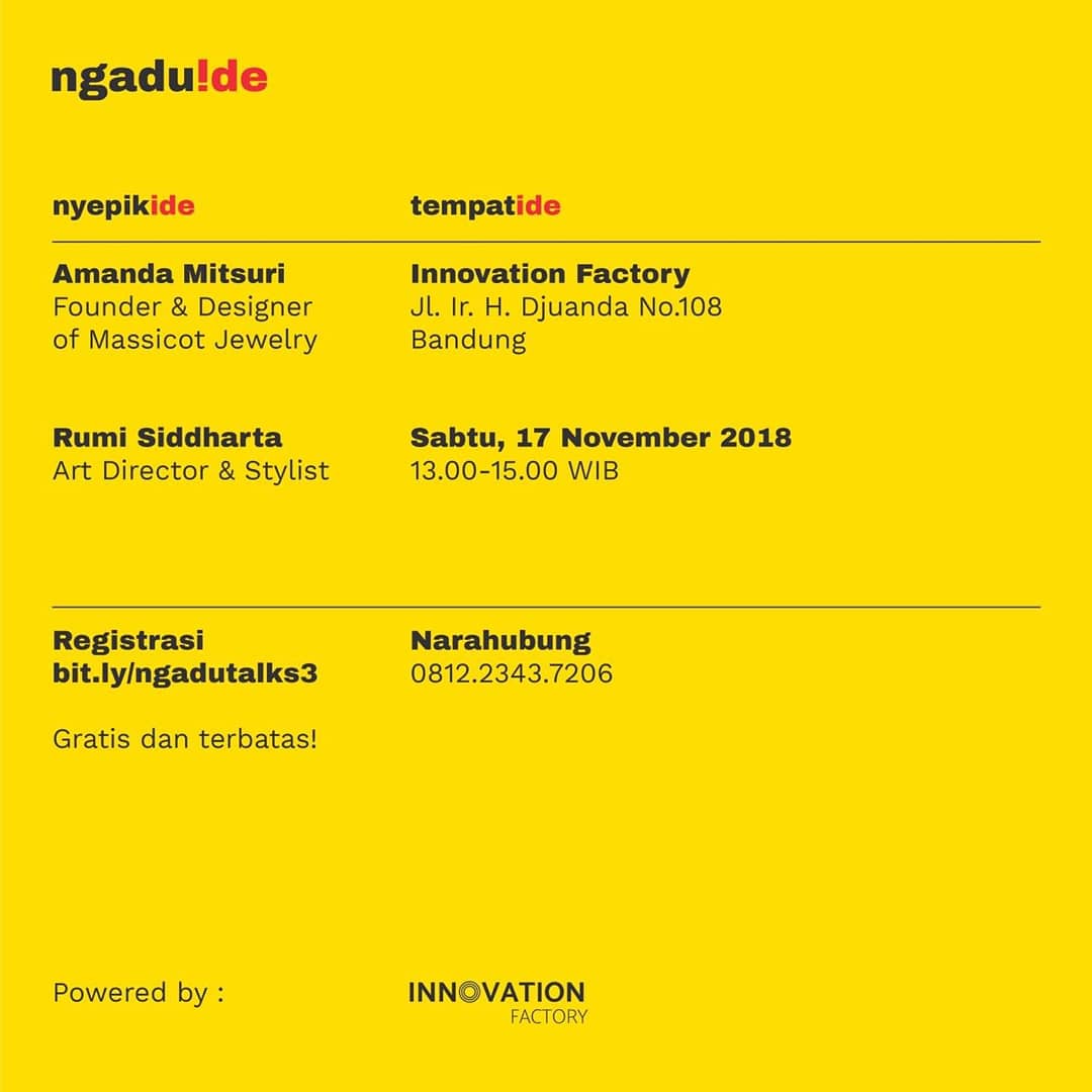 Sabtu iniiiii!

Ngadutalks3. Transforming visual art to business! Pelajari suka duka membangun seni menjadi bisnis!

Daftar >>> bit.ly/ngadutalks3