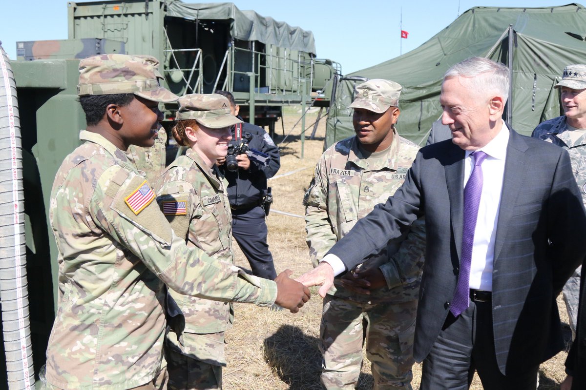 USNorthernCmd's tweet photo. #SECDEF Mattis and #DHS Secretary Nielsen toured Base Camp Donna, TX today w/our commander &amp; the commander of @USArmyNorth. The secretaries received briefings from military and #CBP members, and they met w/troops currently supporting CBP at the southwest border. #bordersupport https://t.co/fj6rPN3UCy