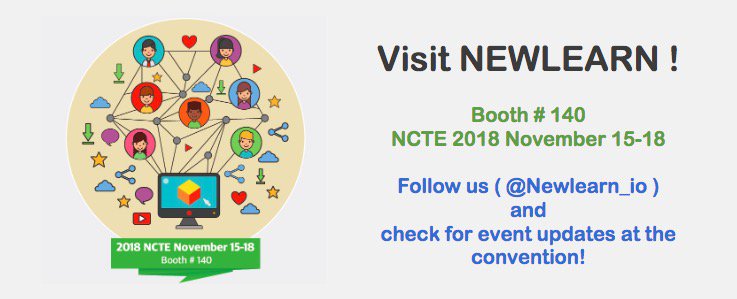 Newlearn_io's tweet photo. Hey @NCTE attendees, don’t forget to visit booth #140 at the conference! Get to know us and also win some prizes! Please share this post and follow us for more updates! #newlearn #booth140 #ncte #ncte18 #nctevillage https://t.co/tUBspECg4E