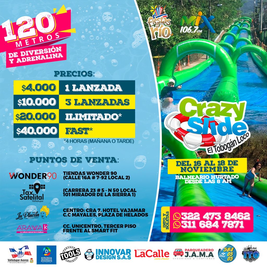 MercabastosVpar's tweet photo. #FiestasDelRio2018,16-17y 18 de Noviembre a partir de las 8:00 am,
disfruta de 120 metros de diversión y adrenalina. Para comodidad y seguridad estaciona en parqueadero #ParqueDeLaLeyendaVallenata Cra 4,frente al #RioGuatapuri.Tarifa para carros $3.000,motos y bicicletas $1.000 https://t.co/4ZCMgYIQrr