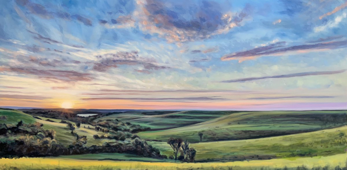 Stage 4.  We are getting close now! 42x84.  Oil.
. .
.
.
#paintingcommission #flinthills #kansas #sunset #oilpaint #landscapepainting #art #contemporaryart #artist #clouds #ksart #flinthillspainting #hugecanvas #mystyle #expressive #skylovers