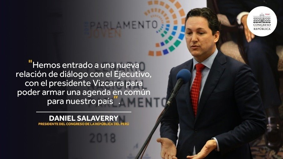 congresoperu's tweet photo. Titular del @congresoperu, Daniel Salaverry, afirmó que se trabaja una agenda común con el Ejecutivo para recuperar la confianza del pueblo peruano. [Ver nota] ► https://t.co/xQ93RUaIe5 https://t.co/IpzZyn9EuG
