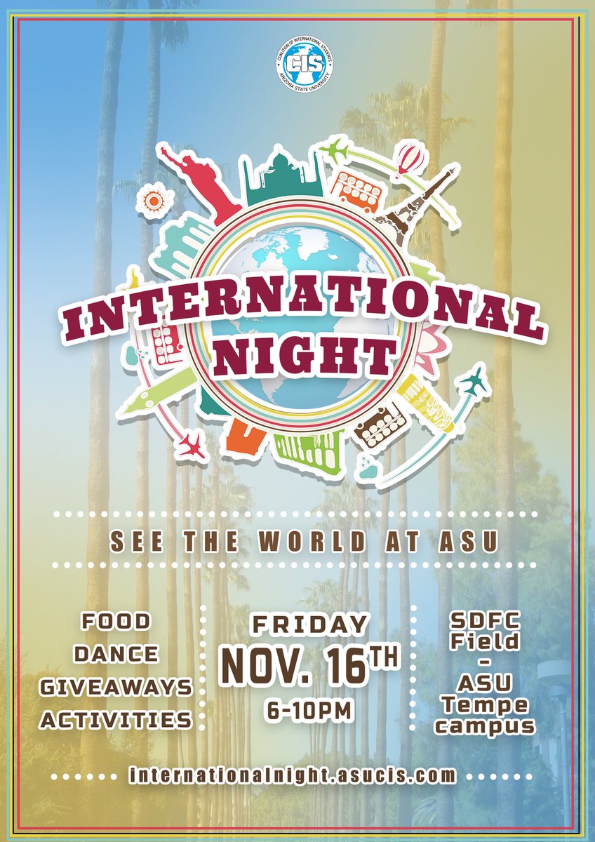ASU_ISSC's tweet photo. Join us for the biggest cultural event at ASU!!! Meet various organizations at ASU and watch a variety of cultural performance while you enjoy food from all over the World! Also, don't forget about the amazing giveaways, games and Inflatables!
#ASUINTLNIGHT https://t.co/hlnHR9xrug