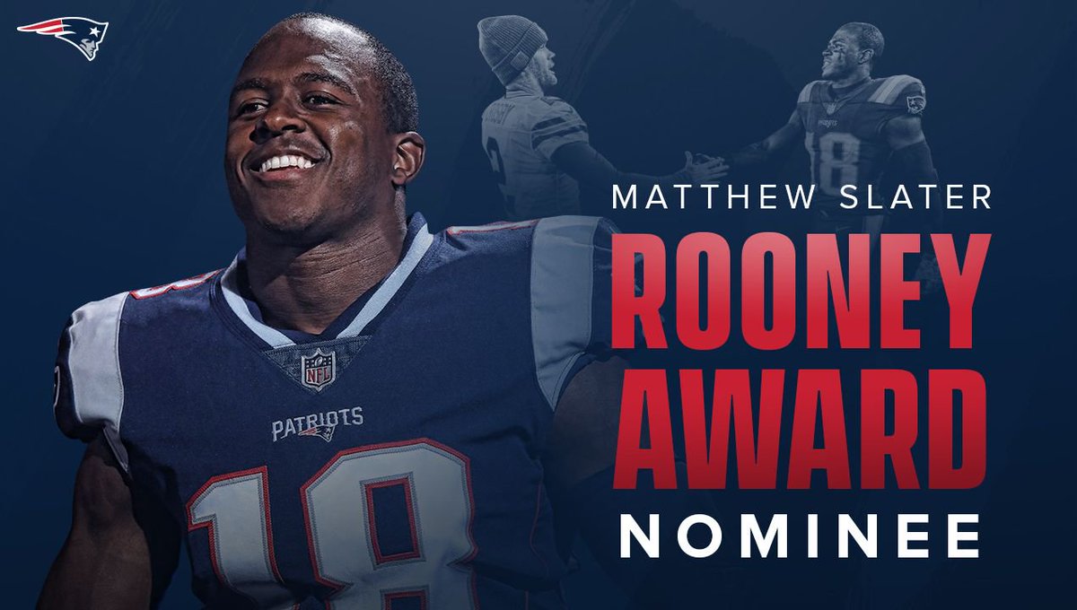 Patriots's tweet photo. Matthew Slater is the #Patriots nominee for the 2018 Art Rooney Sportsmanship Award!

The annual honor recognizes an NFL player who best demonstrates good sportsmanship, fair play, respect &amp; integrity. https://t.co/t4tCdR7FwF