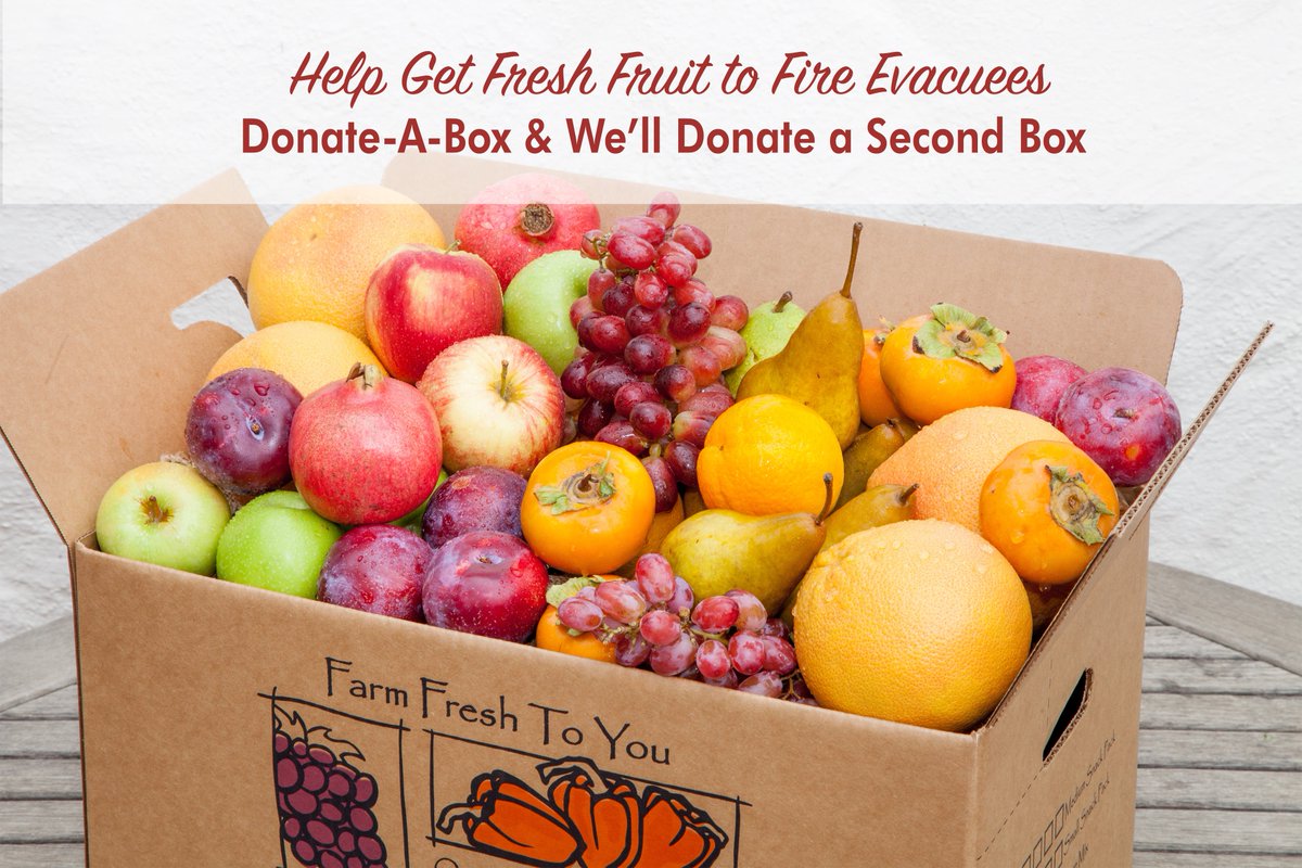 farmfreshtoyou's tweet photo. You Donate-A-Box & We'll Donate-A-Box
Help us get fresh fruit to the victims of the #cafires by donating now. We'll match each donation. Anyone can help, you don't have to be a Farm Fresh To You customer. Please share! #campfire #woolseyfire #ucanhelp
https://t.co/PNmjXj0DnJ https://t.co/XeXaRtk51x