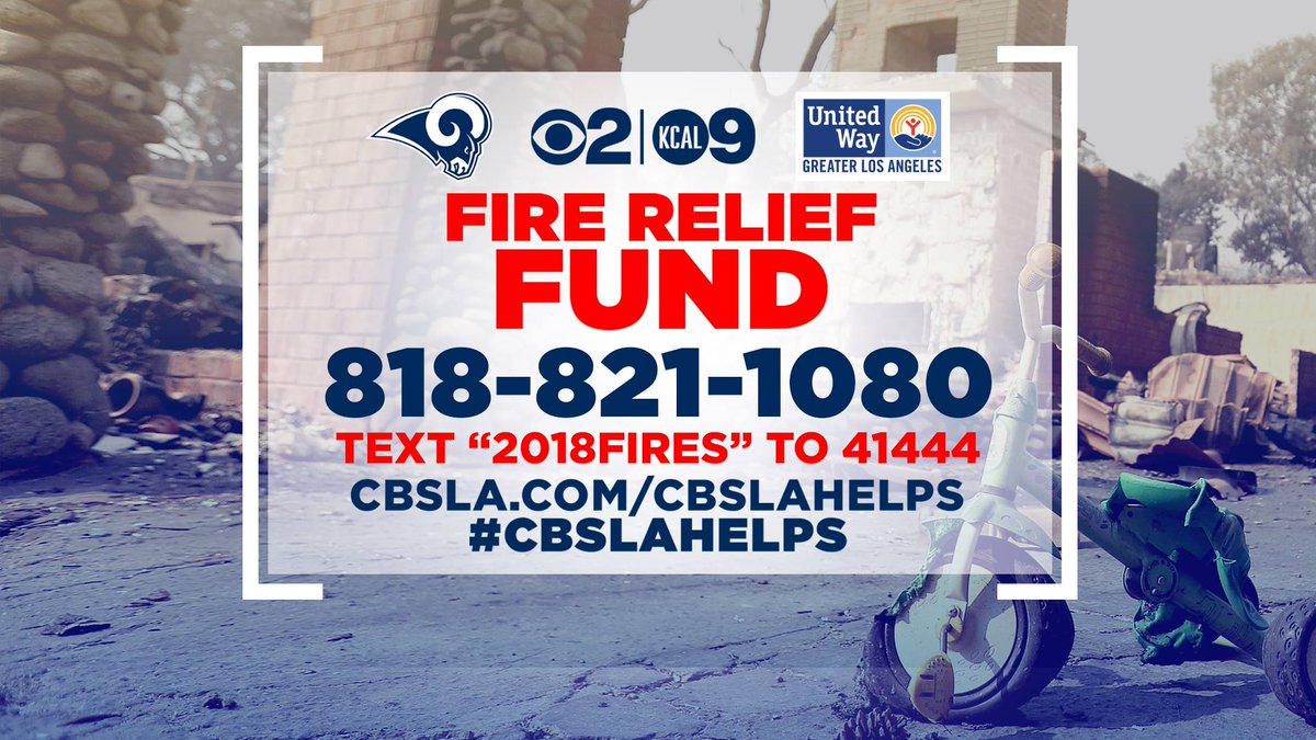 LAUnitedWay's tweet photo. 3 hours left to donate to the Fire Relief Fund to support victims of the SoCal wildfires!

Donate now: 
- Call our phone bank at (818) 821-1080 
- Text "2018fires" to 41444
- Donate online at https://t.co/ckD0dmEcMr 

@cbsla @RamsNFL #CBSLAhelps https://t.co/tWkznN4e7R
