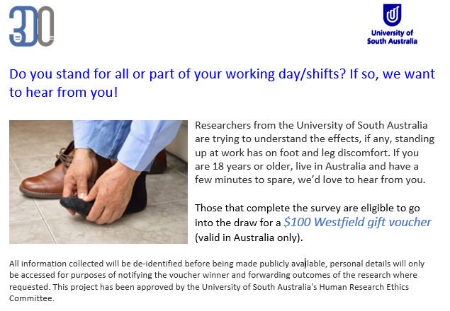UniSA_paeds's tweet photo. Do you or anyone you know stand a little or a lot at work? We'd love your help in taking or sharing this survey on how much foot and leg discomfort is out there in the workforce. Link here: https://t.co/1gasFJkqpq …

@EvidenceBytes @ResearcherRyan @HelenBanwell @UniversitySA https://t.co/ECaaFHrbWw