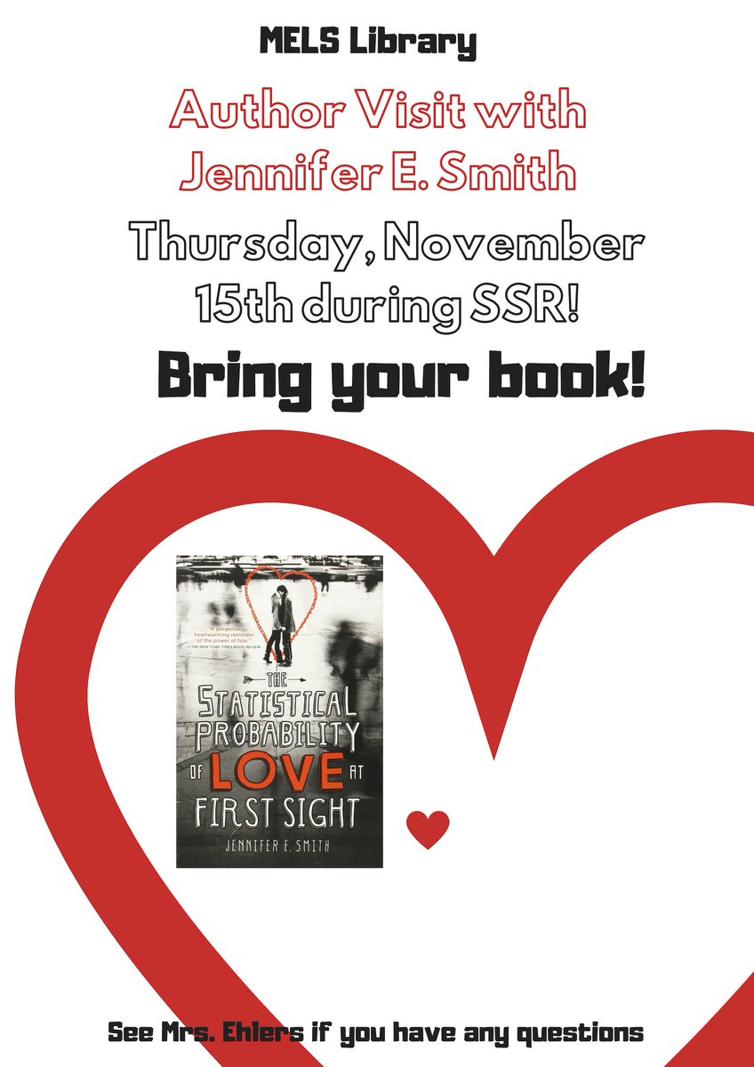 JRLibrarian's tweet photo. Tomorrow @JenESmith will be visiting the #MELSlibrary to discuss her book #TheStatisticalProbabilityOfLoveAtFirstSight! We are so excited to be hosting her! Be prepared for Q&A, book raffles, and book signing! #MeetCute @MetropolitanELS @NYCDOEOLS @nycsla https://t.co/TGQioUbvTJ