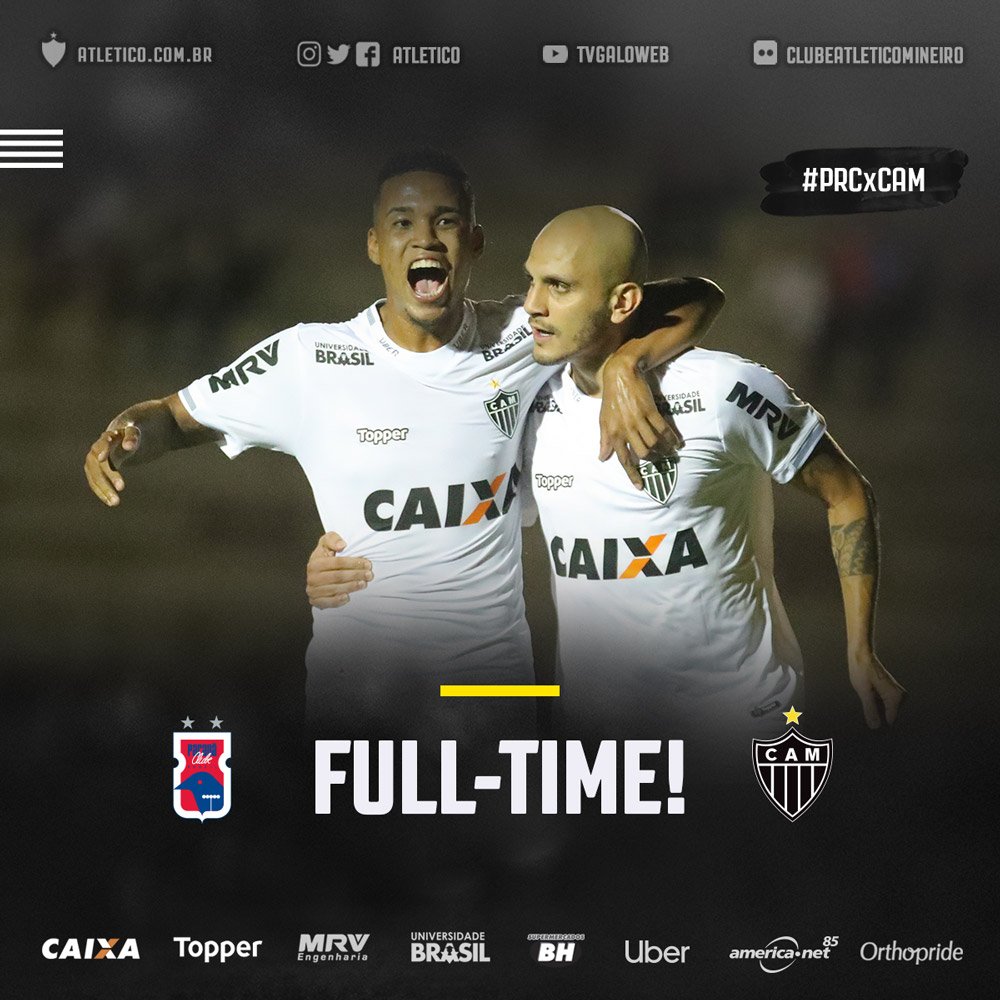 atletico_en's tweet photo. FULL-TIME in Curitiba (PR)! Parana 0-1 Atletico! Fabio Santos scored for Galo! 

Go #Galo! #PRCxCAM 🏴🏳 https://t.co/05gtiBf5H3